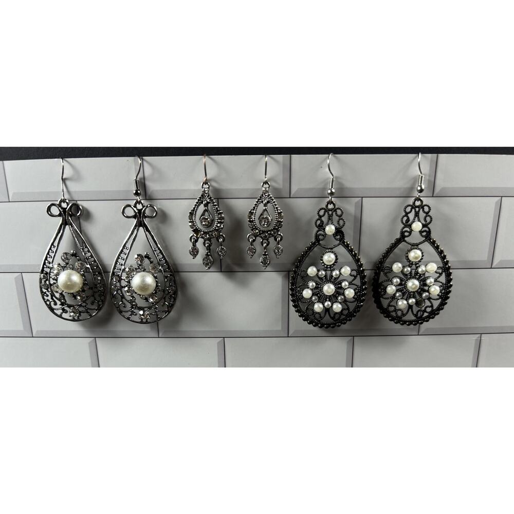 Lot of 3 Faux Pearl Rhinestone Dangle Earrings Filigree Statement Jewelry
